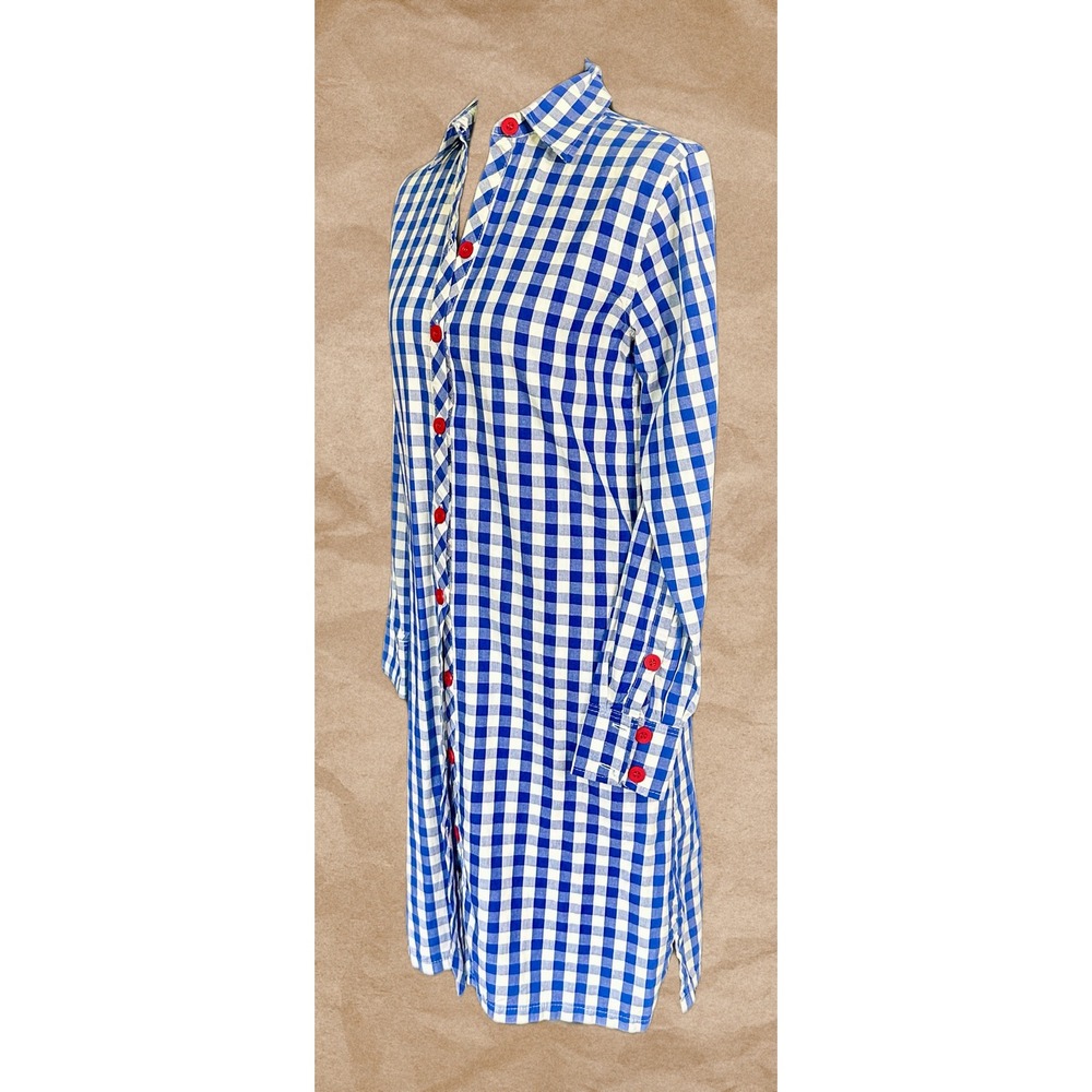 Kayce Hughes Women Blue White Gingham Cotton Shirt Dress Red Buttons Size 0 1521